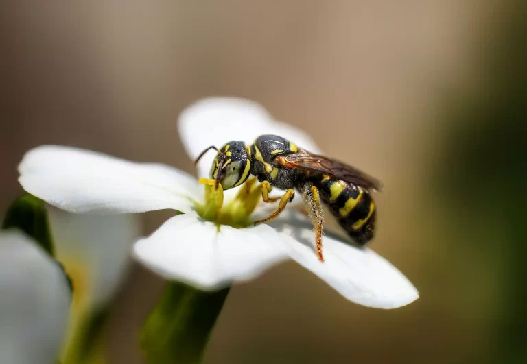Macro shot of a wasp feeding on a white flower, highlighting vivid colors and intricate details